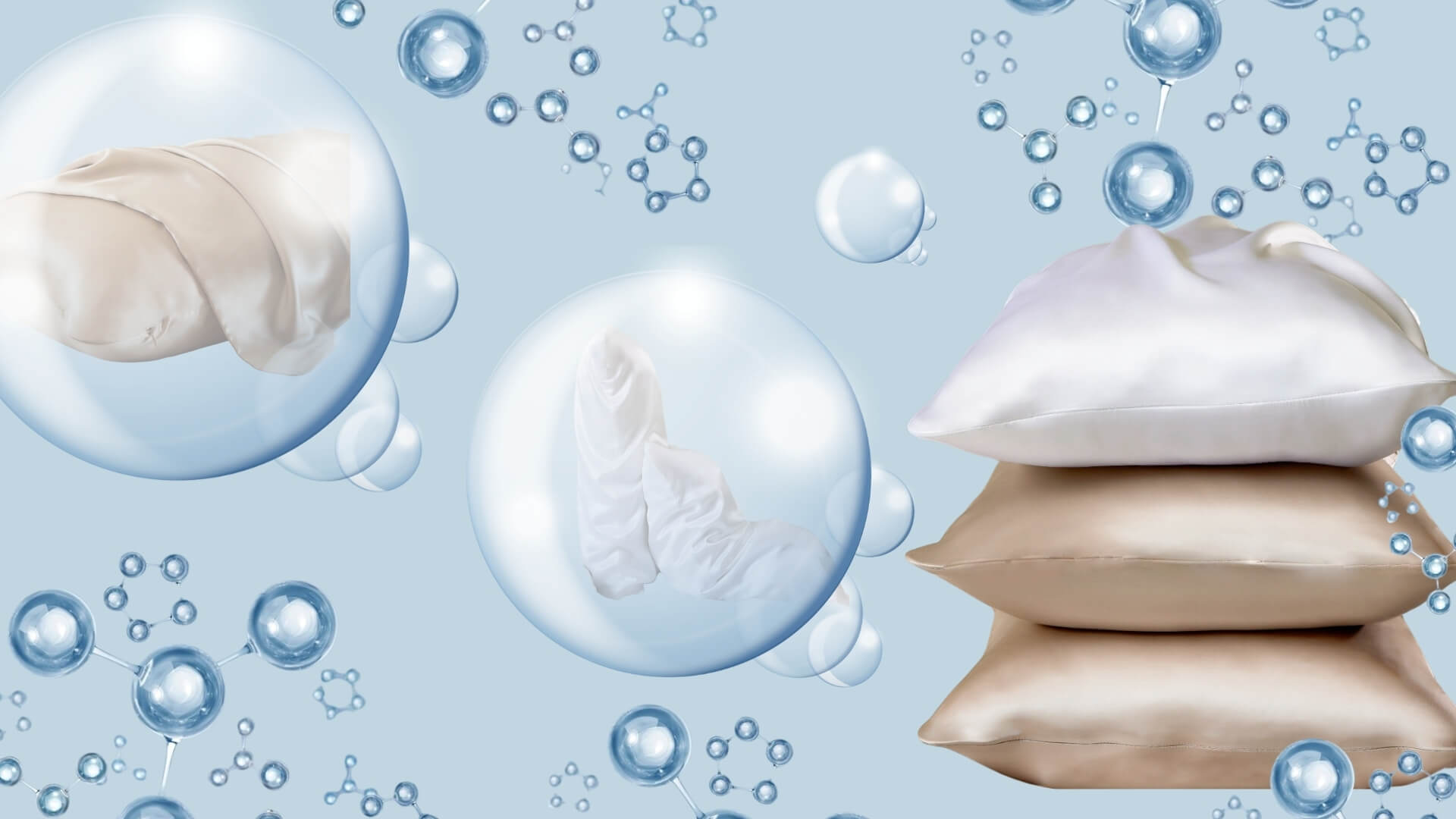 A clean infographic showing many beige and white silk pillowcases inside transparent bubbles with molecular structures, suggesting purity an