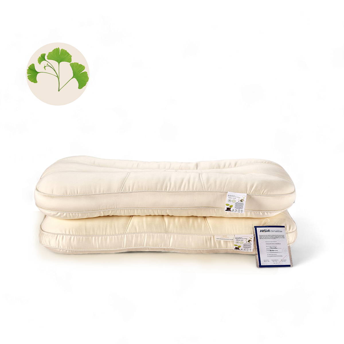 Two stacked cream pillows with quilted stitching on a plain studio backdrop, with a circular ginkgo leaf graphic and text 'AASMA | SLEEP MED
