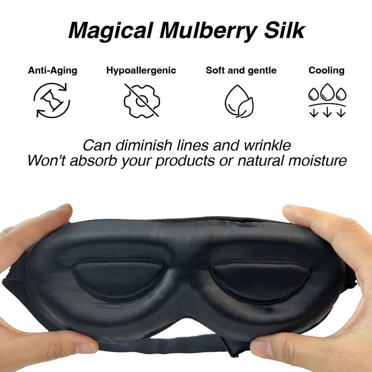 A black mulberry silk 3D contour eye mask held by hands against a plain studio backdrop, with visible text highlighting anti-aging and cooli