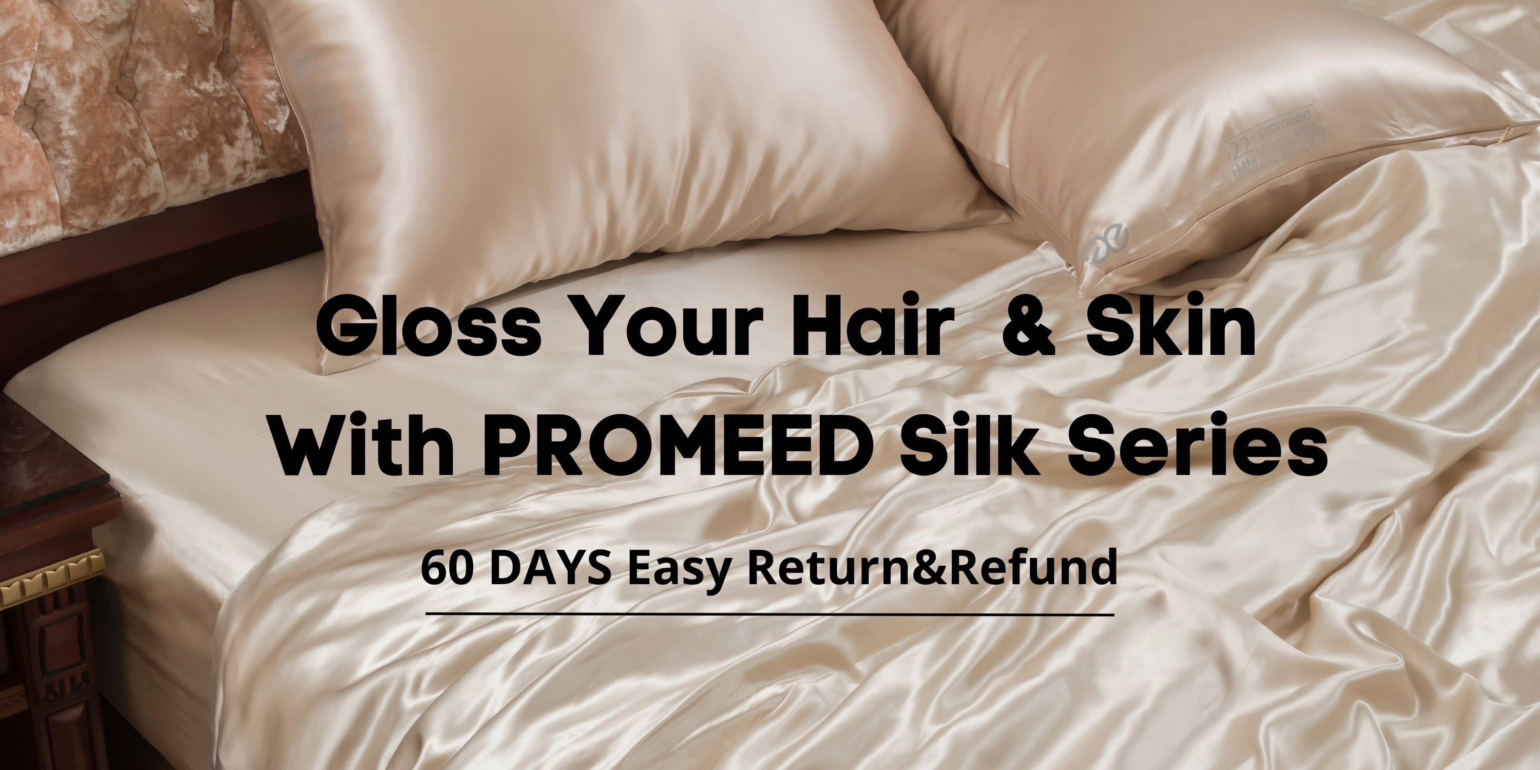 A beige silk bedding set on a bed in a bedroom with wooden furniture, with text overlay promoting hair and skin benefits.