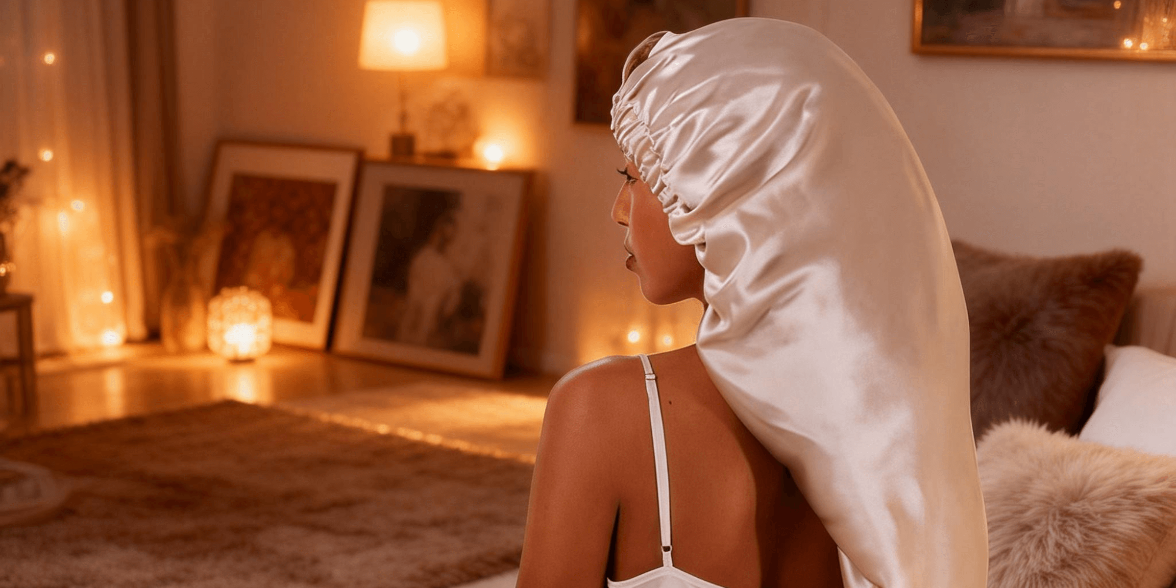 A woman with medium skin tone sits on a bed wearing a white mulberry silk bonnet in a cozy, warmly lit bedroom.