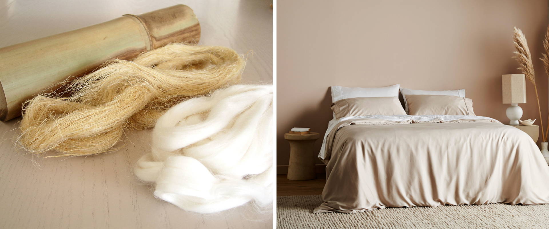A split image showing natural bamboo fibers on the left and a beige and white bedding set on a wooden bed on the right.