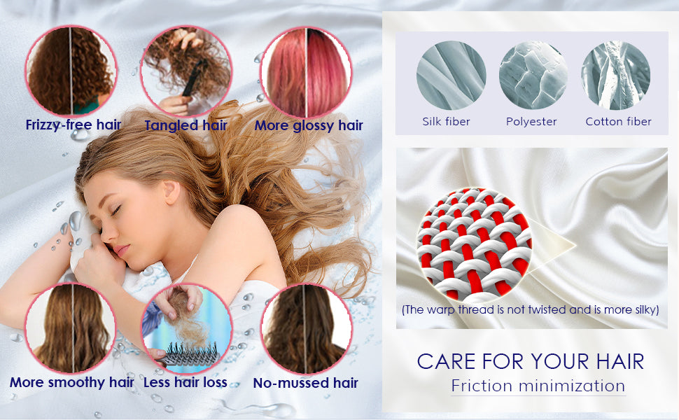 A woman with blonde hair sleeps on a white pillow, with inset images showing hair benefits and fabric comparison.