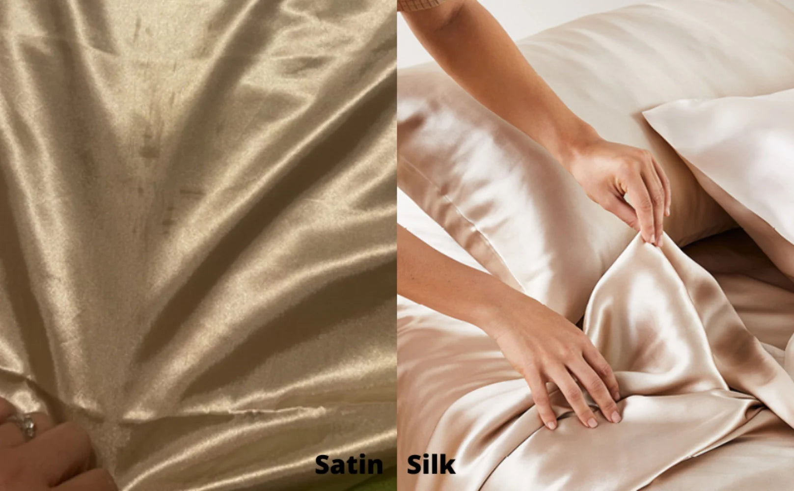 A beige mulberry silk fabric comparison chart showing mulberry silk and silk textures on a bed, with text 'Mulberry silk | Silk'.