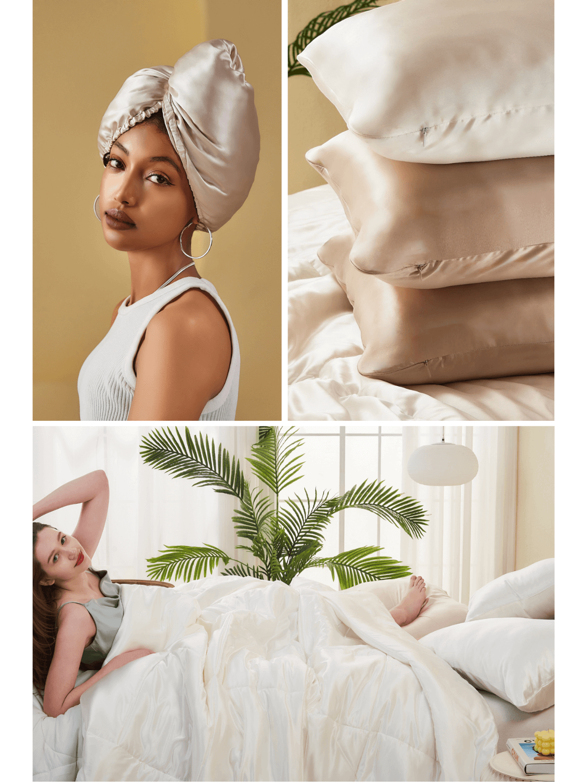 A warm-toned portrait photograph with light gray, tan, olive, cream, and white colors, likely a product or lifestyle shot for silk bedding.