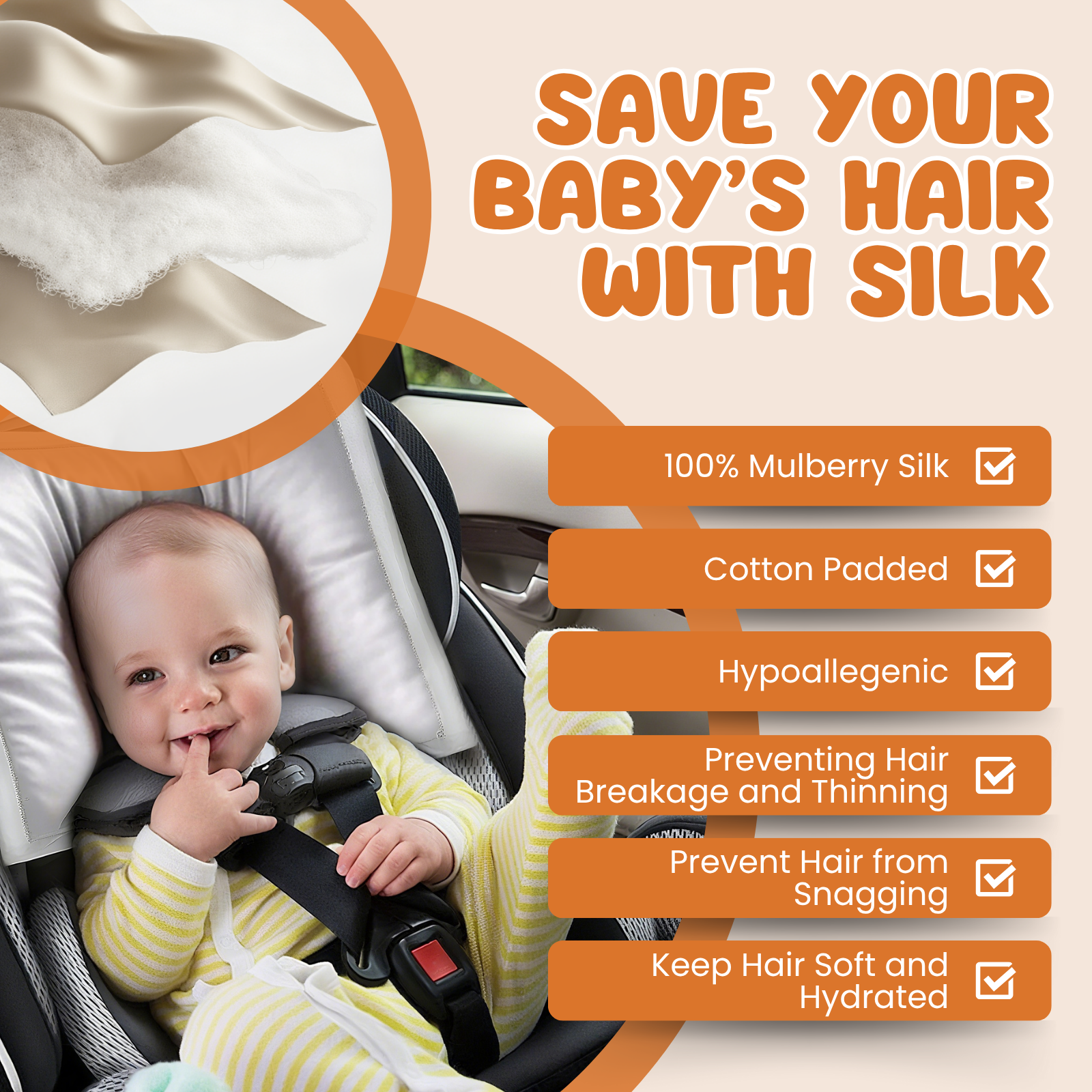 23mm 6A+ Mulberry Silk Baby Car Seat Headrest Cover