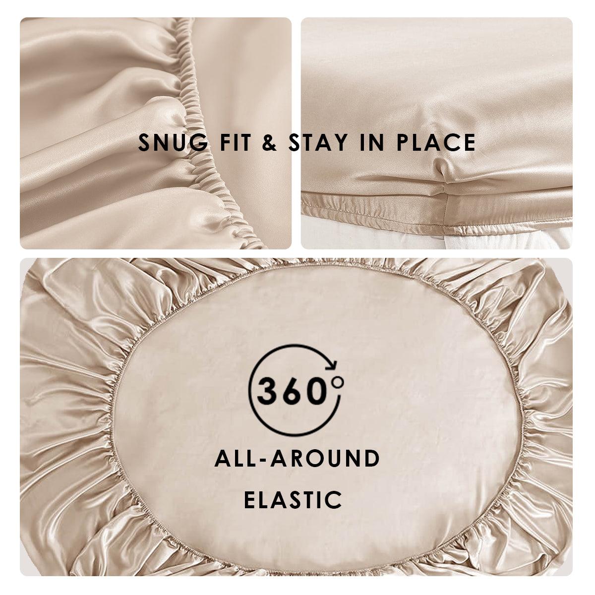 A beige mulberry silk pillowcase with elastic edge on a plain studio backdrop, featuring three close-up shots highlighting snug fit and all-