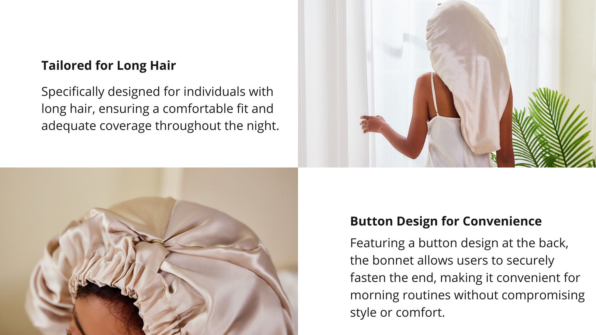 A beige mulberry silk sleep bonnet worn by a woman in an indoor bedroom setting with a window and plant, featuring a button closure at the b