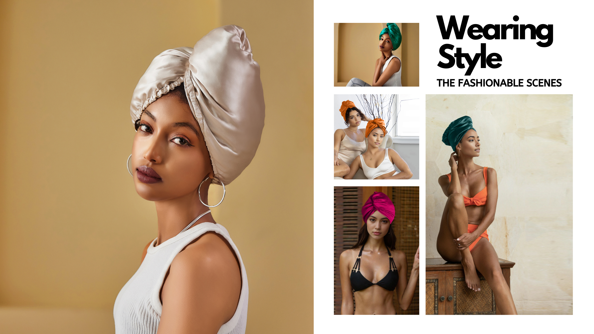 A beige, teal, orange, and magenta mulberry silk hair wrap worn by a woman in a studio setting with warm tones. — best silk turban for curly