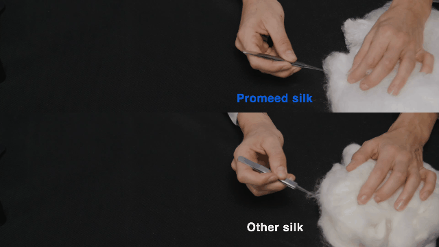 A comparison of white silk fibers being cut with scissors, labeled 'Promeed silk' and 'Other silk' on a black backdrop.