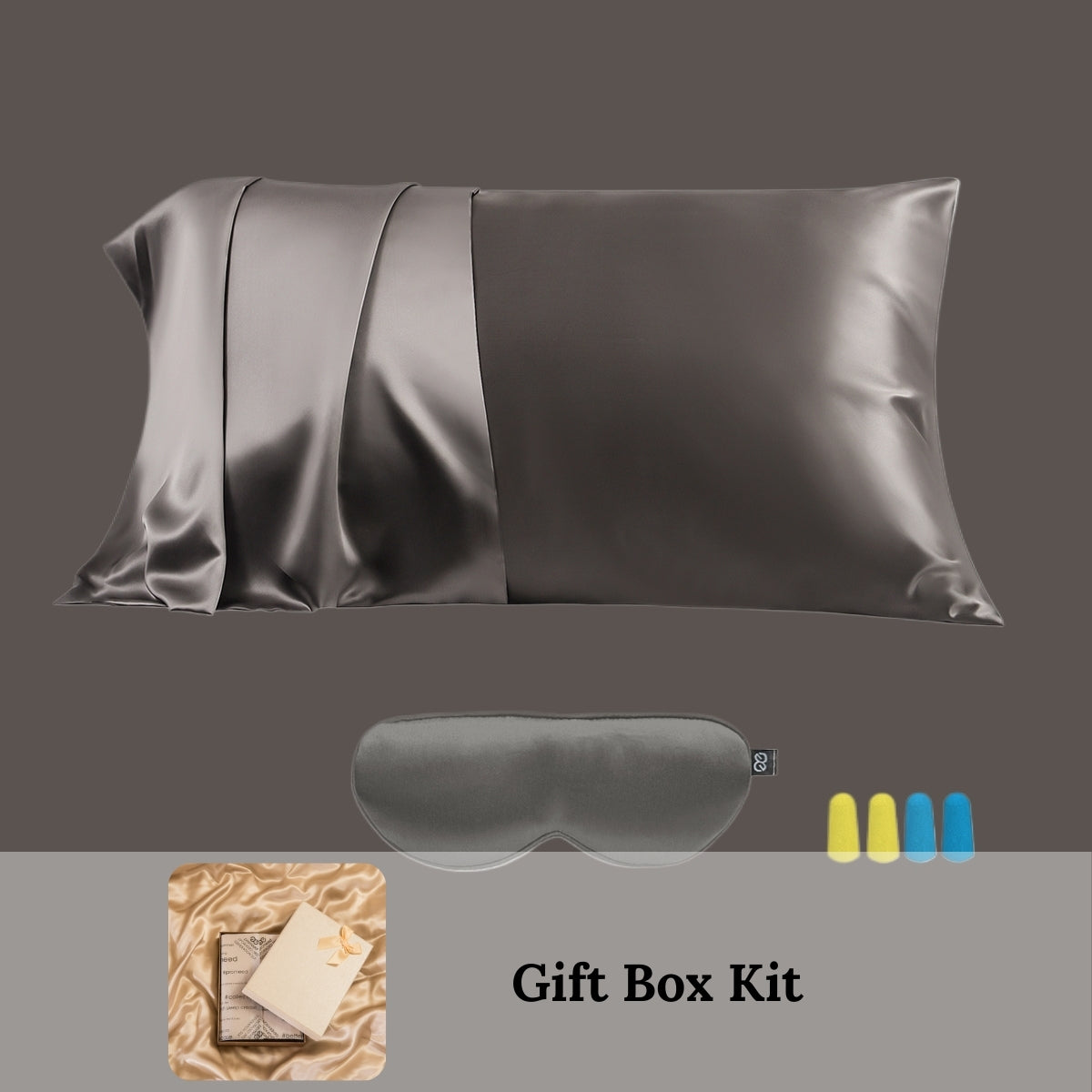 A gray mulberry silk pillowcase and sleep mask gift kit on a plain studio backdrop, with an inset showing the gift box packaging.