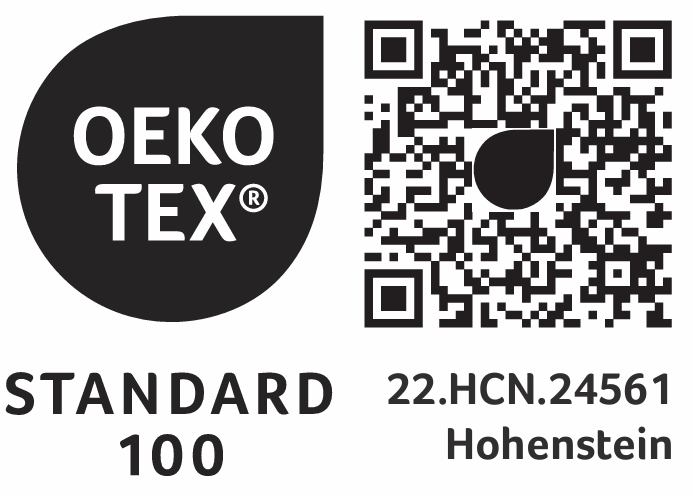 A white Oeko-Tex Standard 100 certification label with a QR code on a plain white background.