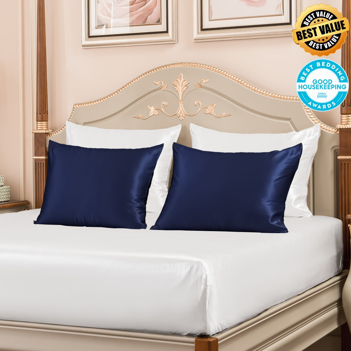 White Navy Blue Silk Pillowcase pack lifestyle detail