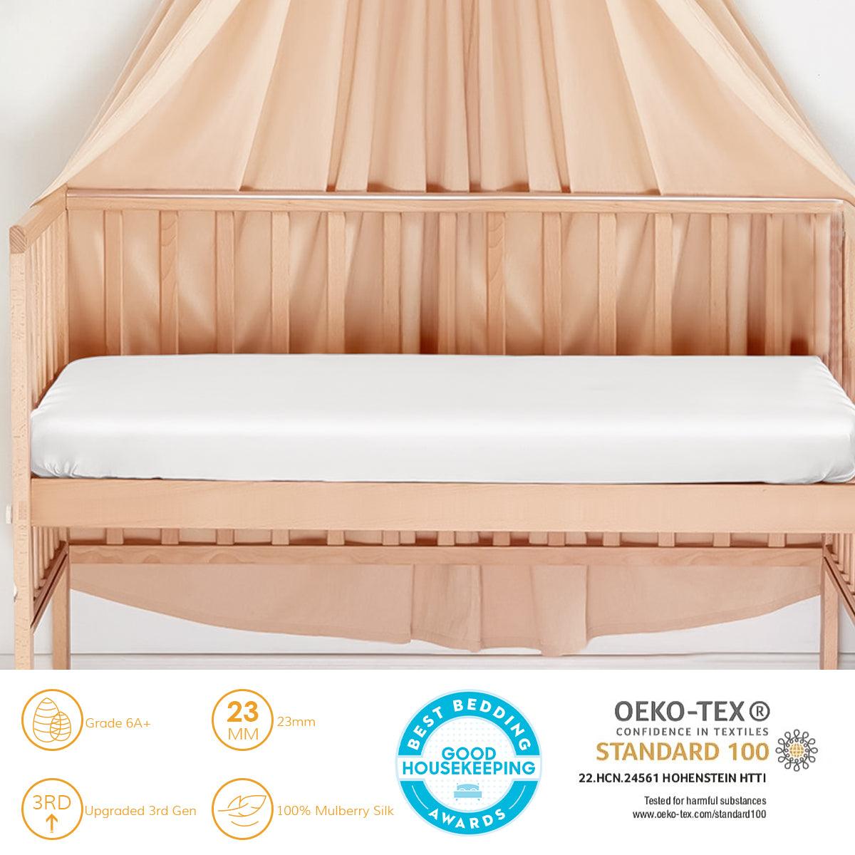 Champagne 23-momme mulberry silk fitted crib sheet on a toddler mattress