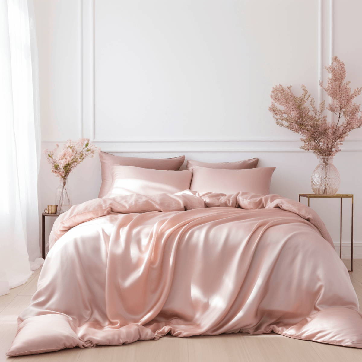 A blush pink mulberry silk duvet cover set styled on a bed in a bedroom with white walls and light wood flooring.
