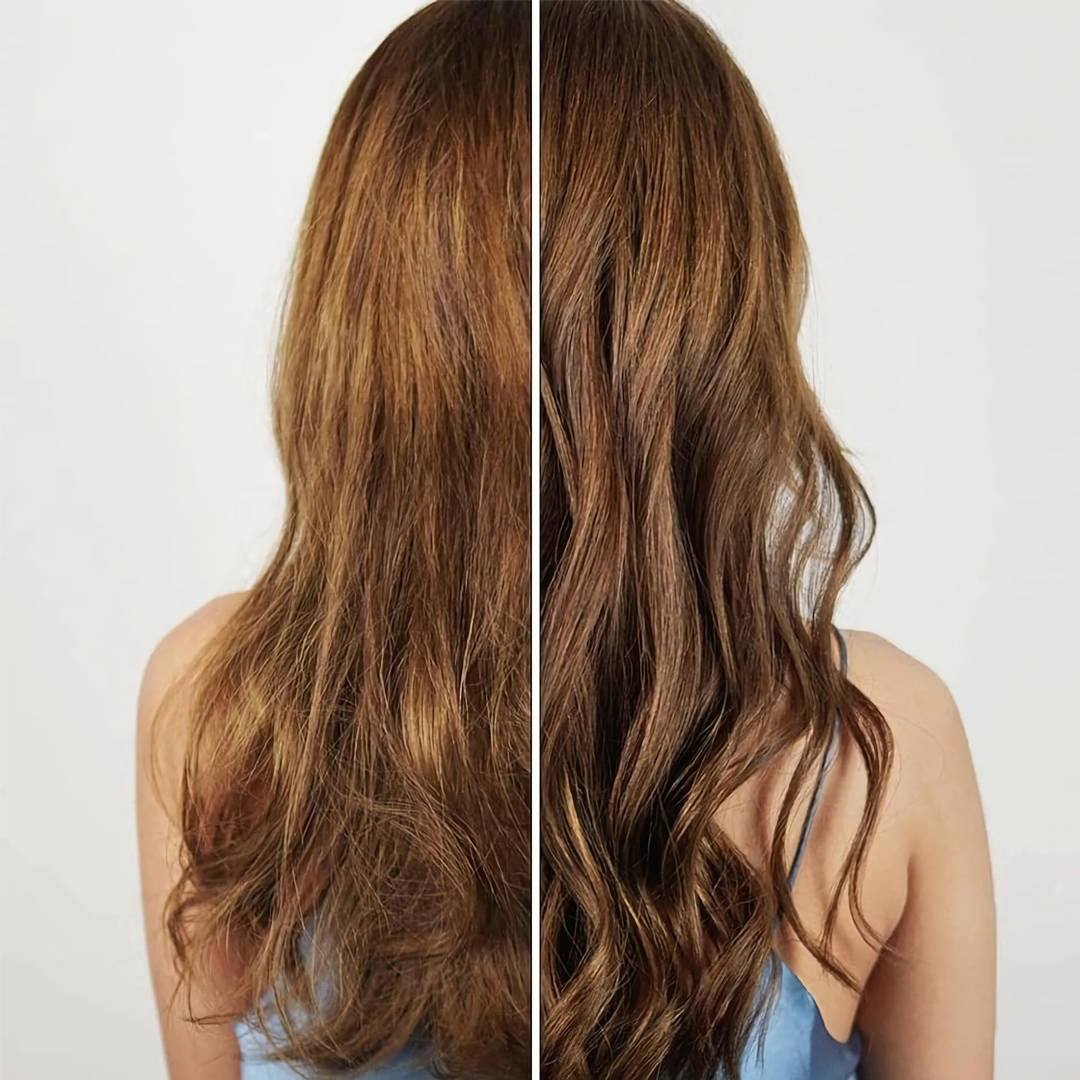 A split-screen comparison of a woman's brown hair before and after treatment, showing smoother, shinier texture on a plain studio backdrop.