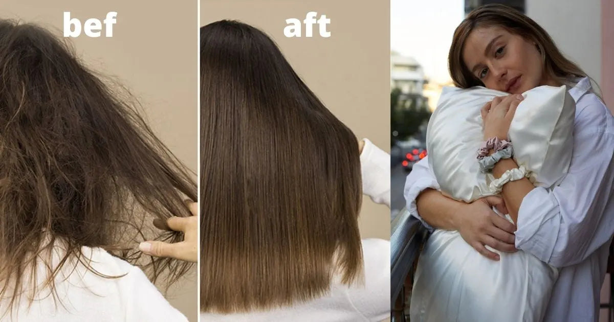 A comparison chart showing frizzy hair on the left and smooth, shiny hair on the right, with a woman holding a silk pillowcase in the right 