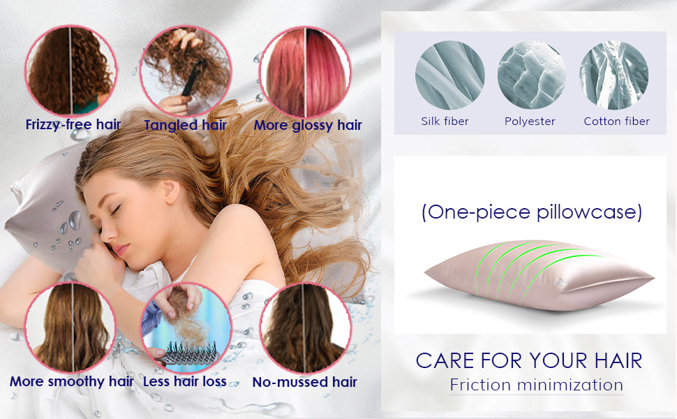 A woman with curly hair lies on a light pink silk pillowcase, with inset graphics showing hair benefits and fiber comparison.