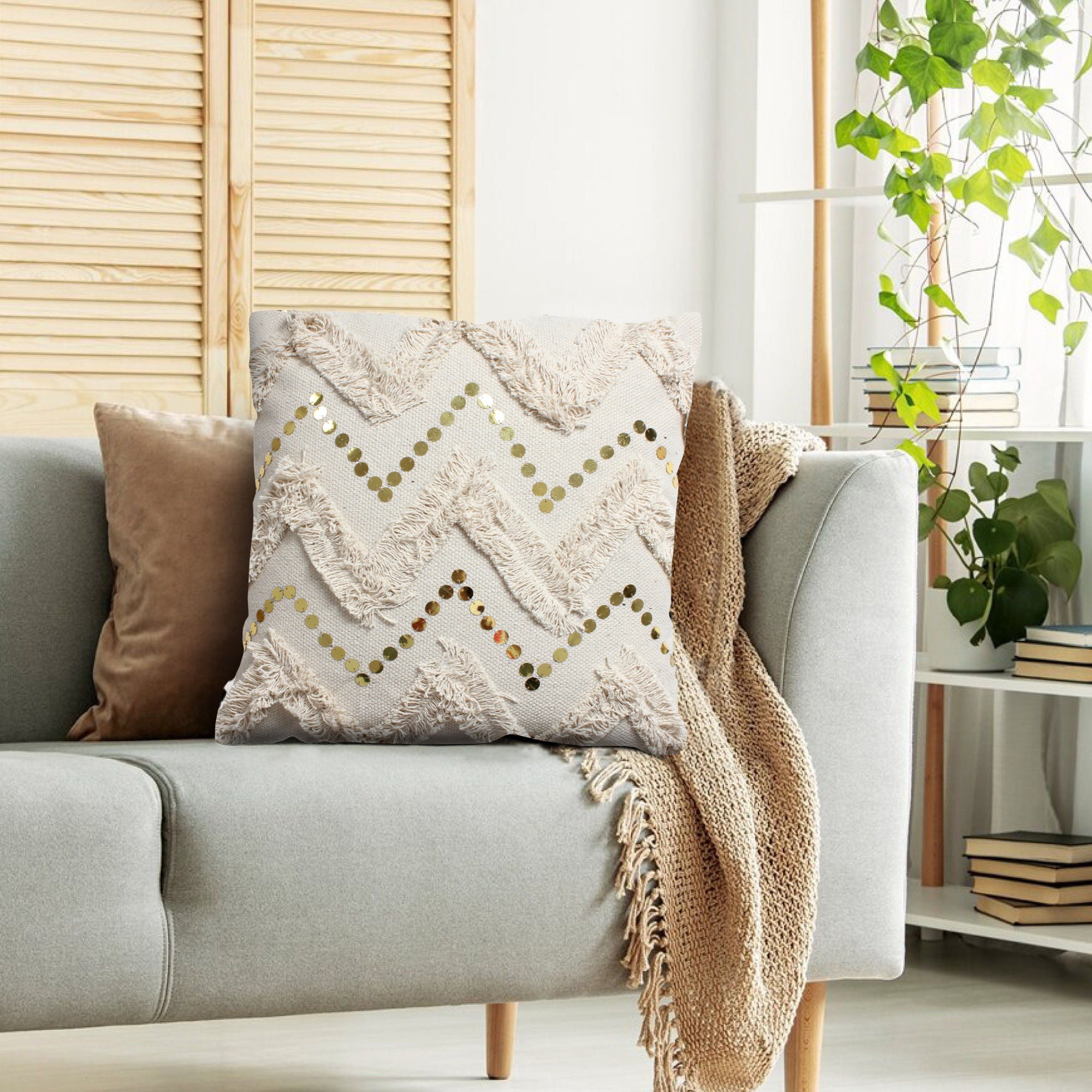 Off White Patchwork Square Throw Pillow - promeedsilk