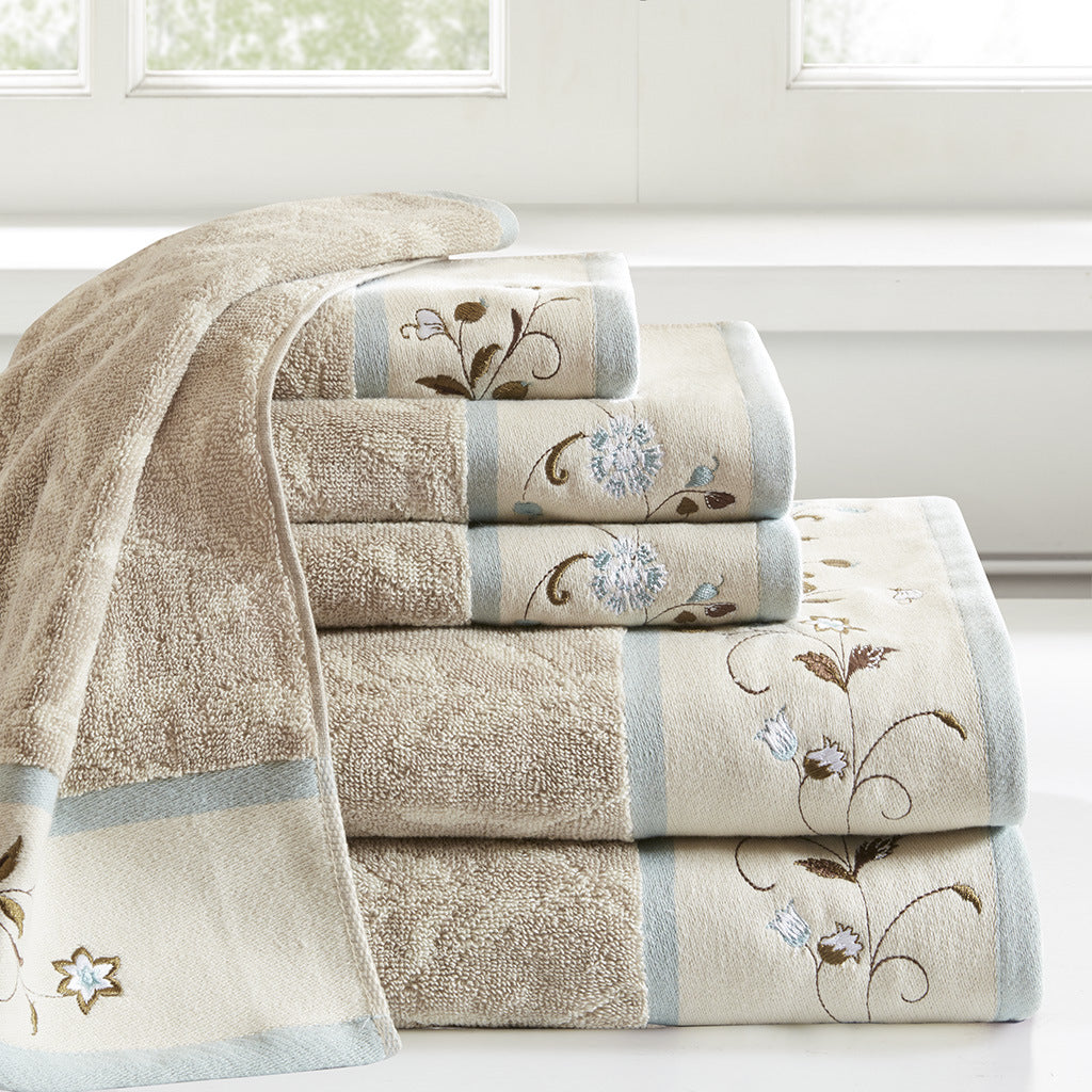 Blue Embroidered Jacquard Cotton Towel Set - 6 Pcs - promeedsilk