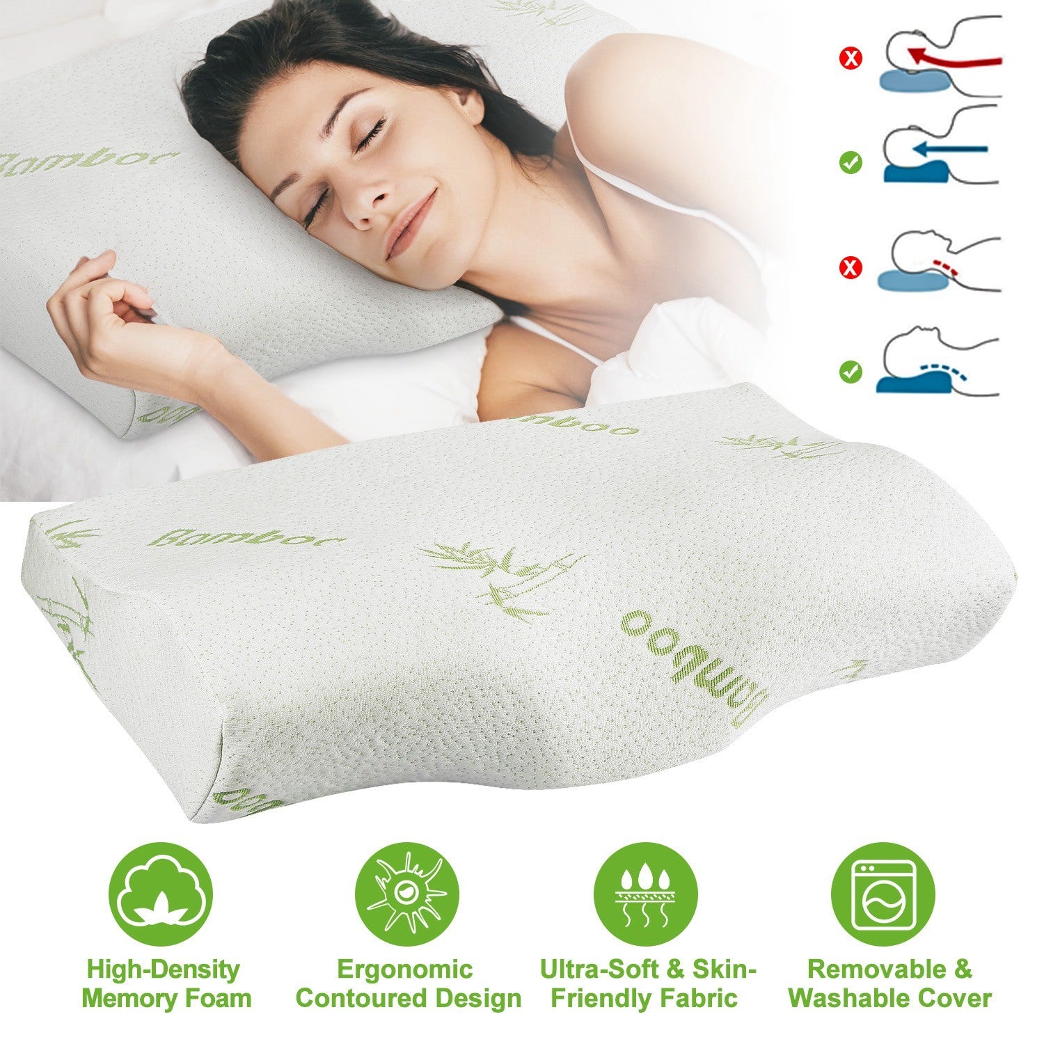 Bamboo Memory Foam Sleep Pillow Contoured Cervical Orthopedic Pillow Neck Support Breath Pillow