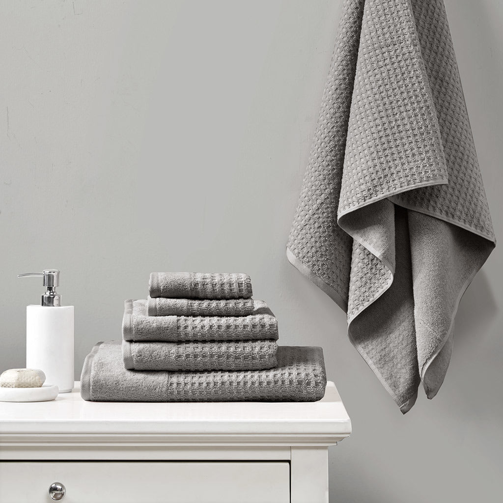 Charcoal Antimicrobial Cotton Waffle Jacquard Bath Towel Set - 6 Pcs