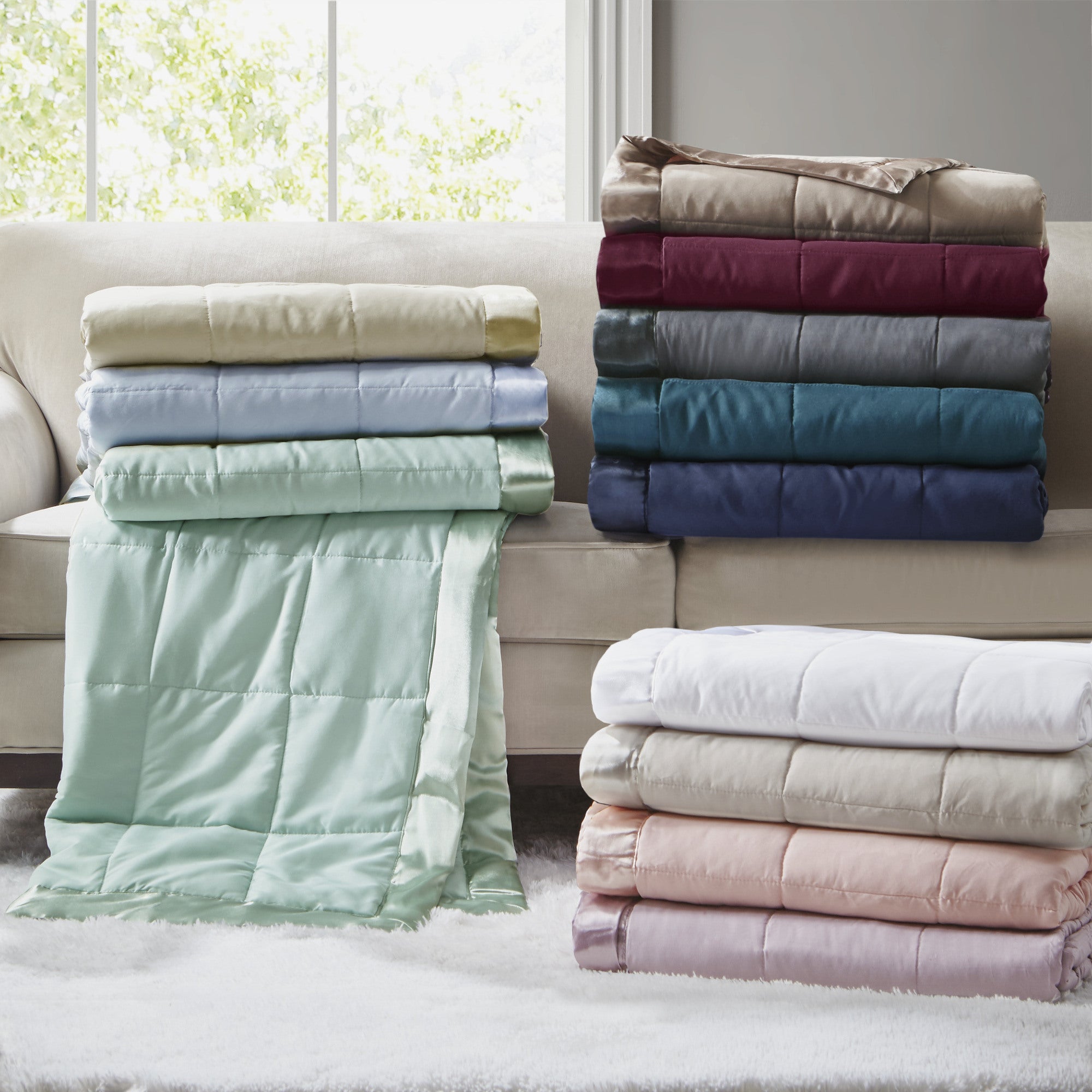 Seafoam Lightweight Down Alternative Blanket with Satin Trim - 108"W x 90"L - promeedsilk