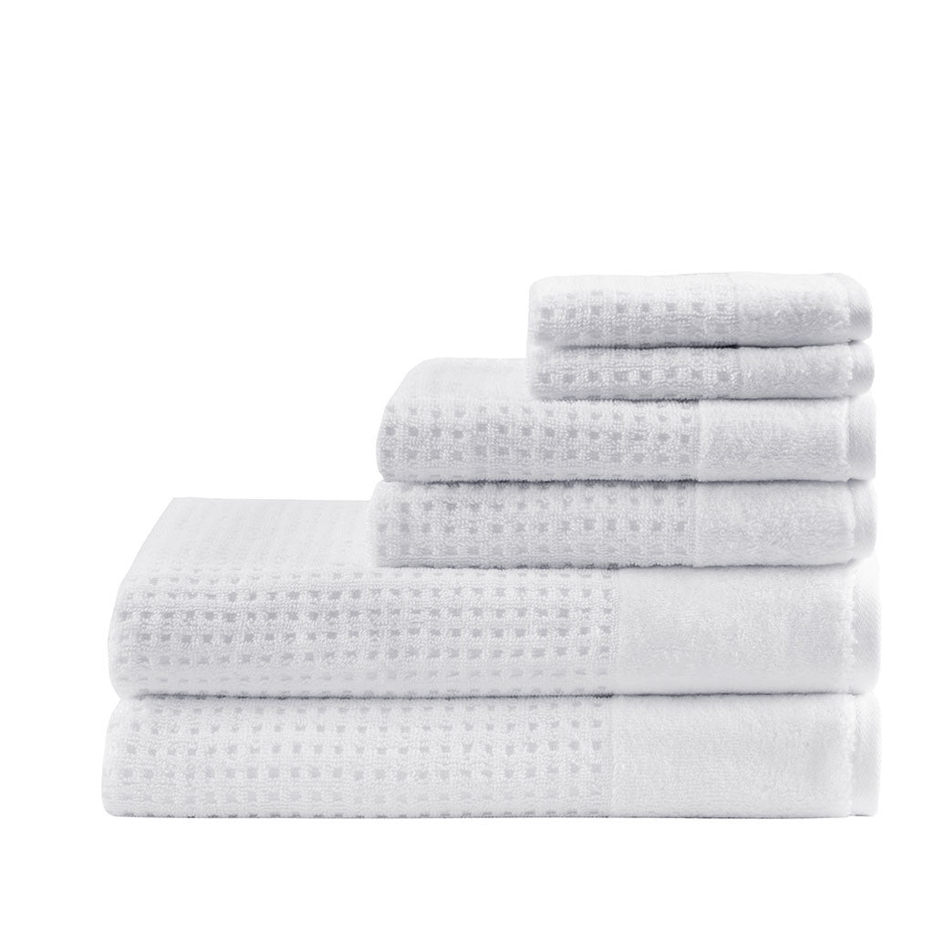 White Antimicrobial Cotton Waffle Jacquard Bath Towel Set -  6 Pcs