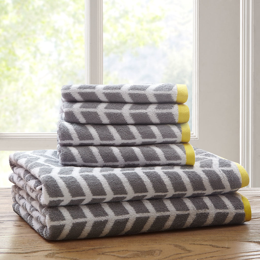 Grey Jacquard Cotton Bath Towel Set - 6 Pcs