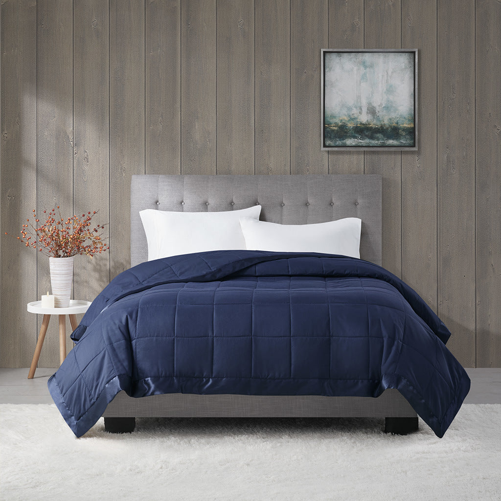 Navy Blue Lightweight Down Alternative Blanket with Satin Trim - 108"W x 90"L - promeedsilk