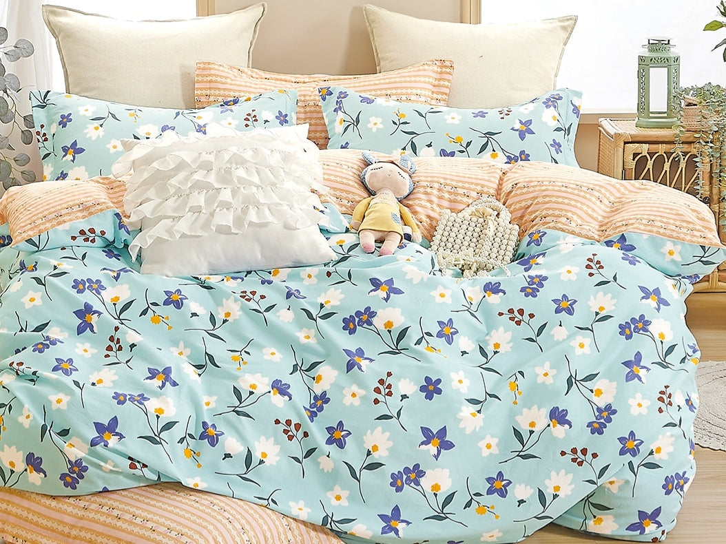 Blue/Yellow 100% Cotton Reversible Comforter Set - 3PCS