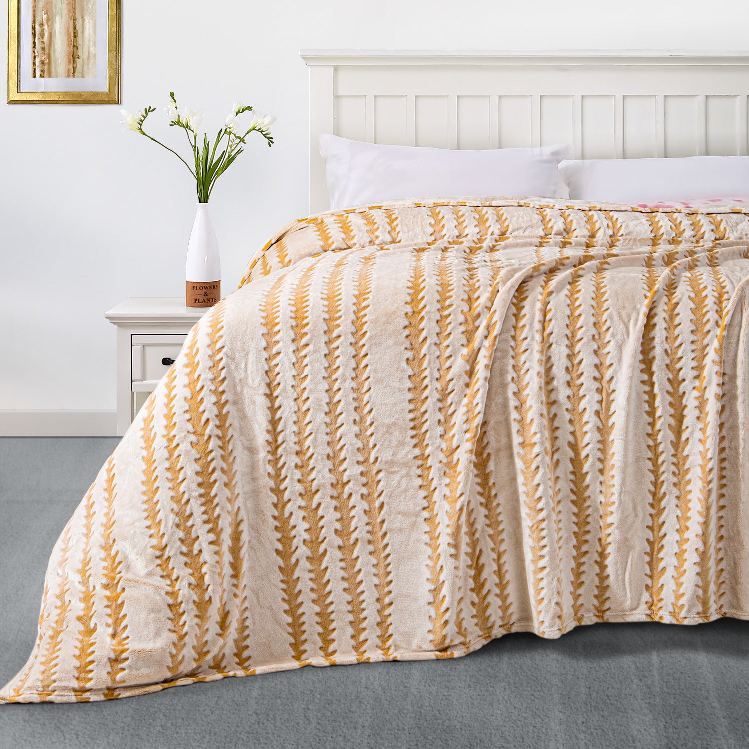 Light Brown Stripe Shaved Flannel Plush Blanket - 60"W x 80"L - promeedsilk