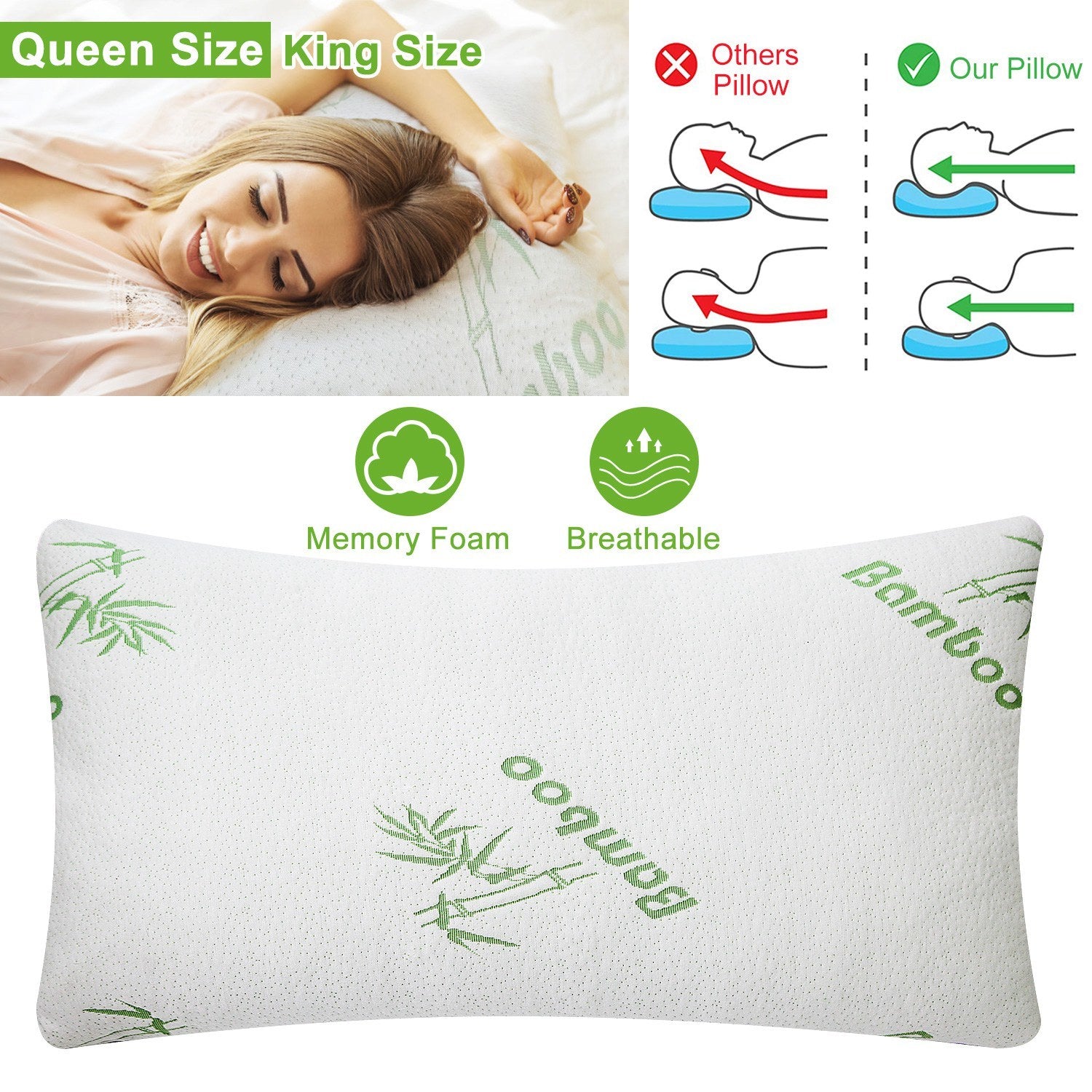 Bamboo  Hypoallergenic Memory Foam Pillow - Queen