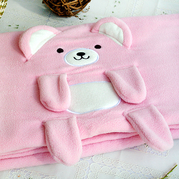 Embroidered Applique Coral Fleece Baby Throw Blanket - Happy Bear - Pink - 42.5"W x 59.1"L - promeedsilk