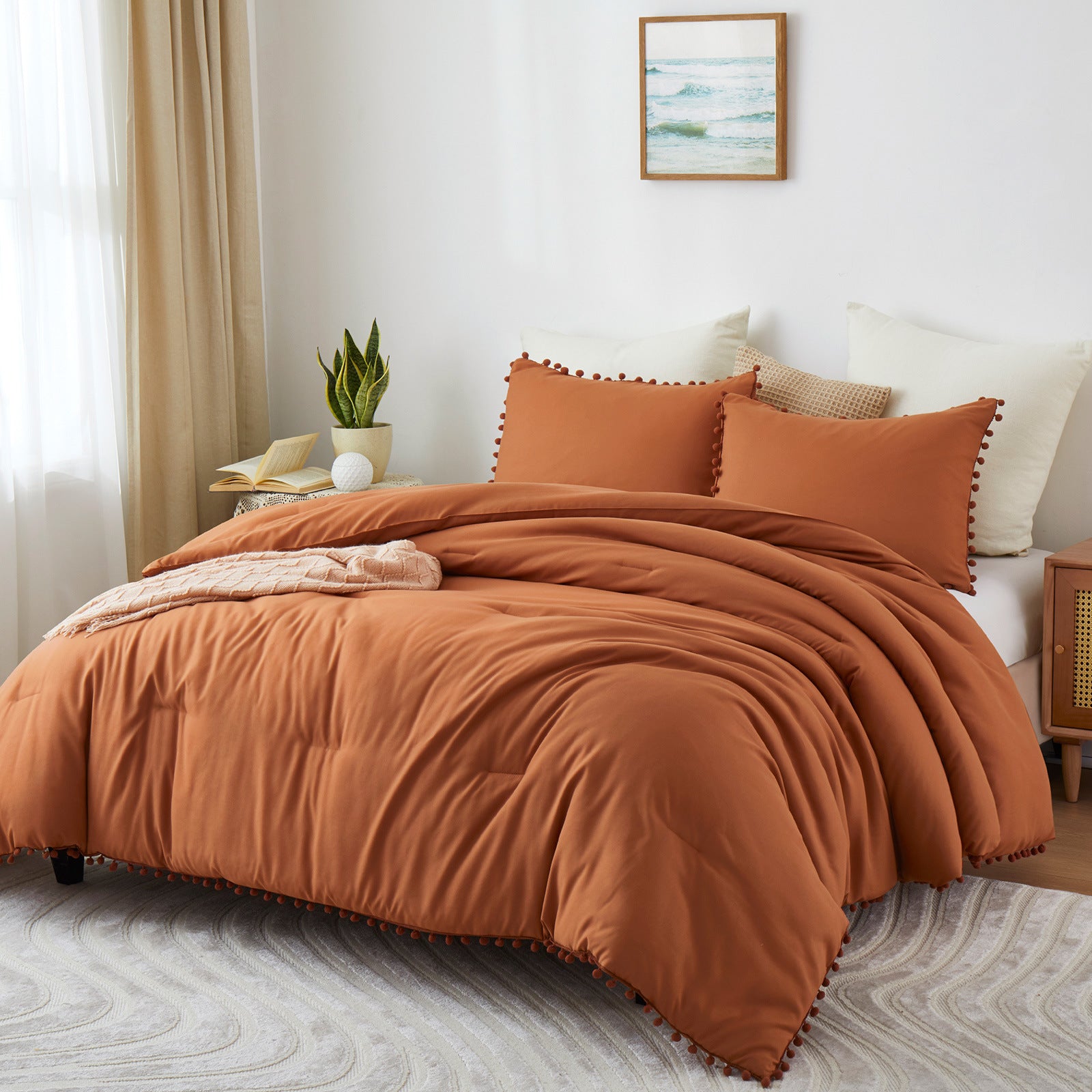 Boho Comforter Set with Pom Poms Fringe Design 3 Pieces