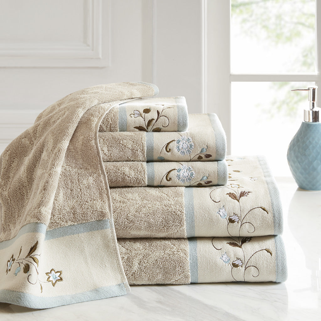 Blue Embroidered Jacquard Cotton Towel Set - 6 Pcs - promeedsilk