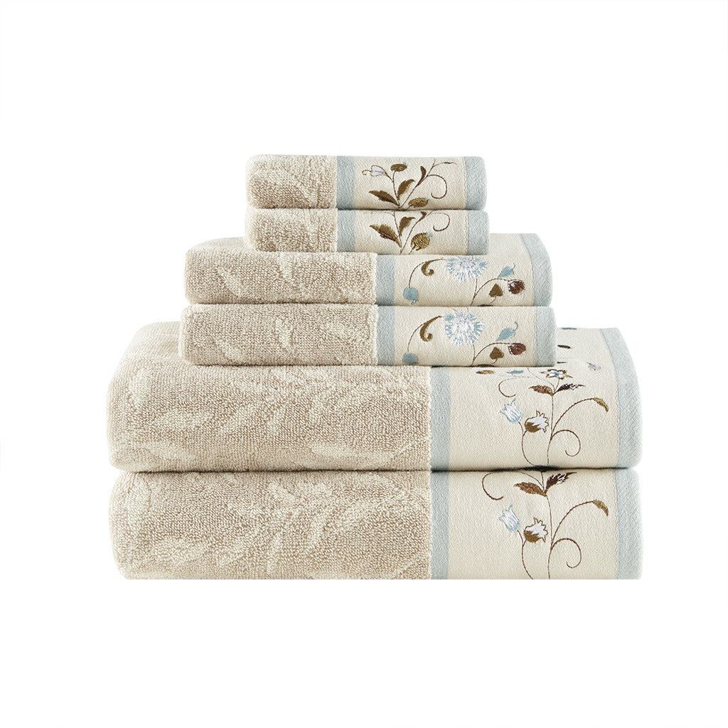 Blue Embroidered Jacquard Cotton Towel Set - 6 Pcs - promeedsilk