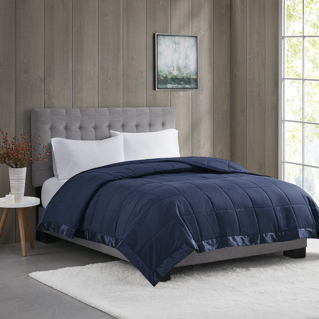 Navy Blue Lightweight Down Alternative Blanket with Satin Trim - 108"W x 90"L - promeedsilk